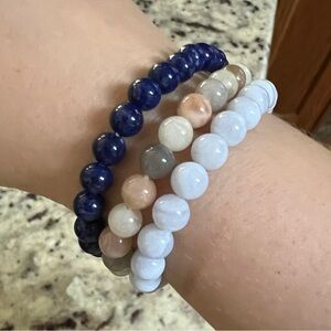 Set of 3 natural Lapis Lazuli, Moonstone, and Blue Lace Agate stretch bracelet